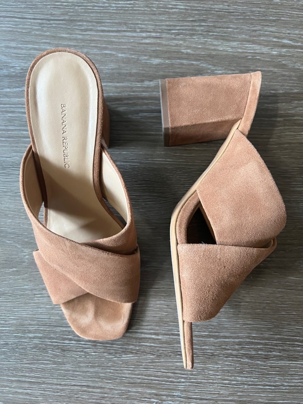 Banana Republic Suede Crisscross Block Heel Mules - Blush Tan